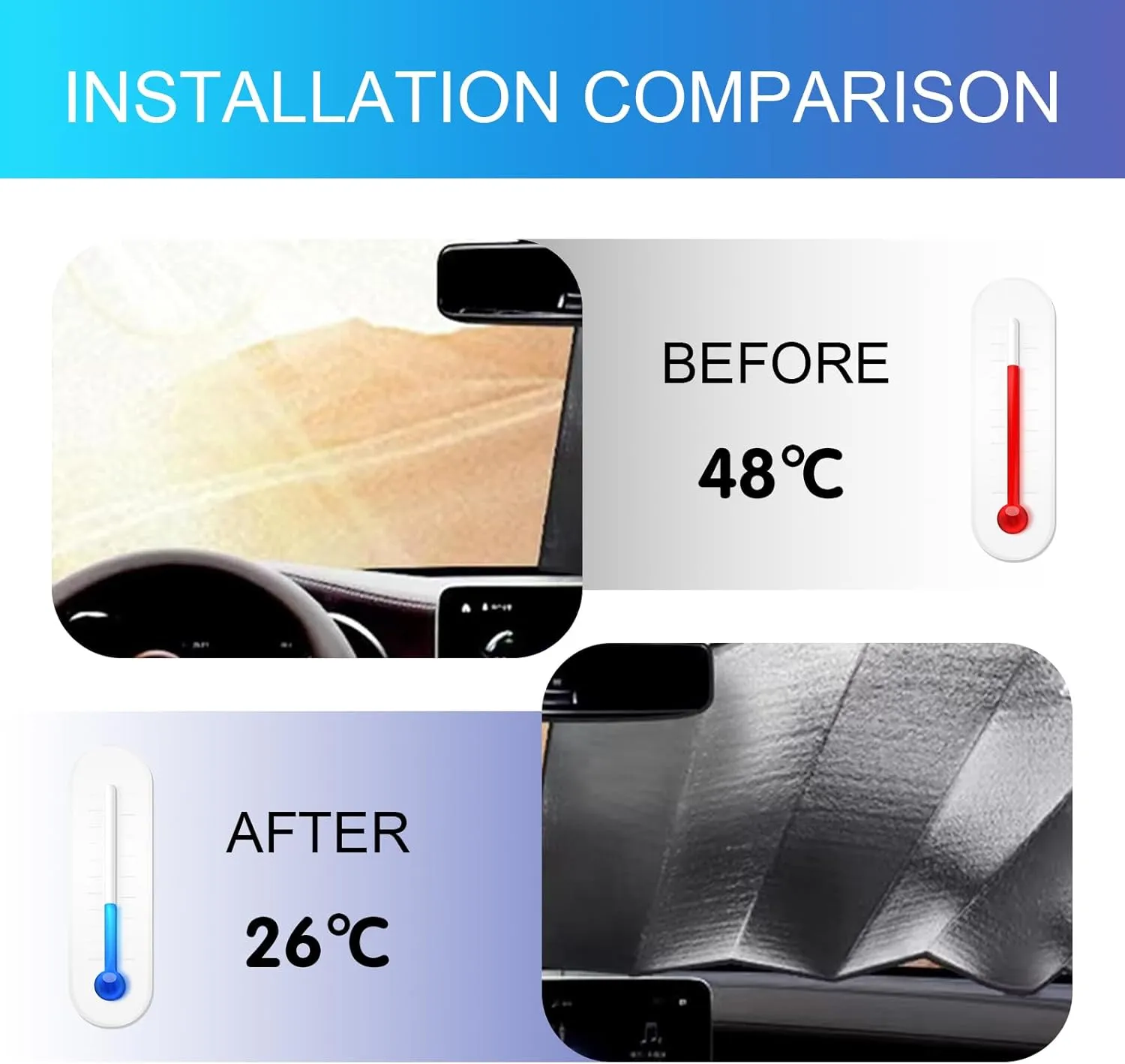 1 PC Car Front Sunshade, 55.11" x 27.55" Thickened Environmentally Friendly Insulated Reflective Foam Cotton Windshield Sunshade, Interior Protection Accessories, for Most Cars, SUVs (Silver)