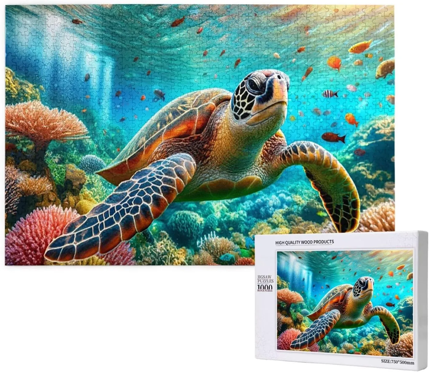 1000 Pcs Wooden Jigsaw for Adults, See Vibrant Sea Turtles Swimming Through Reefs and Colorful Fish,Creative Activity Hobbies，Stress Relief,Brainstorming，Forget The Troubles of Life