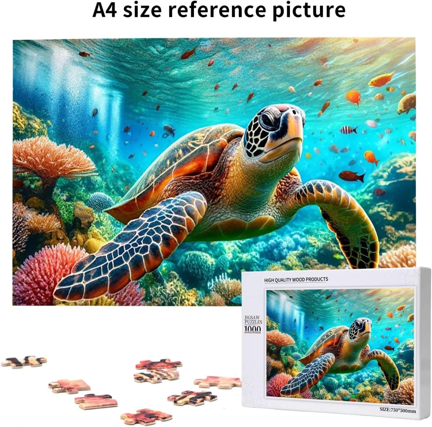 1000 Pcs Wooden Jigsaw for Adults, See Vibrant Sea Turtles Swimming Through Reefs and Colorful Fish,Creative Activity Hobbies，Stress Relief,Brainstorming，Forget The Troubles of Life