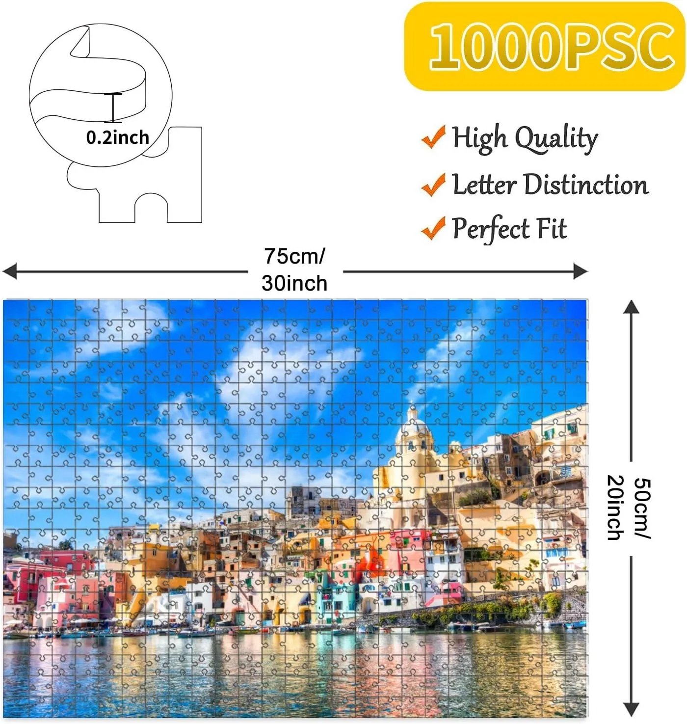 1000 Piece Jigsaw Puzzle Game, Colorful Procida Colorful Island Mediterranean Sea Coast Naples Italy Large Puzzle Artwork for Adults Teens Challenging Puzzle Game Nights Toy Gift