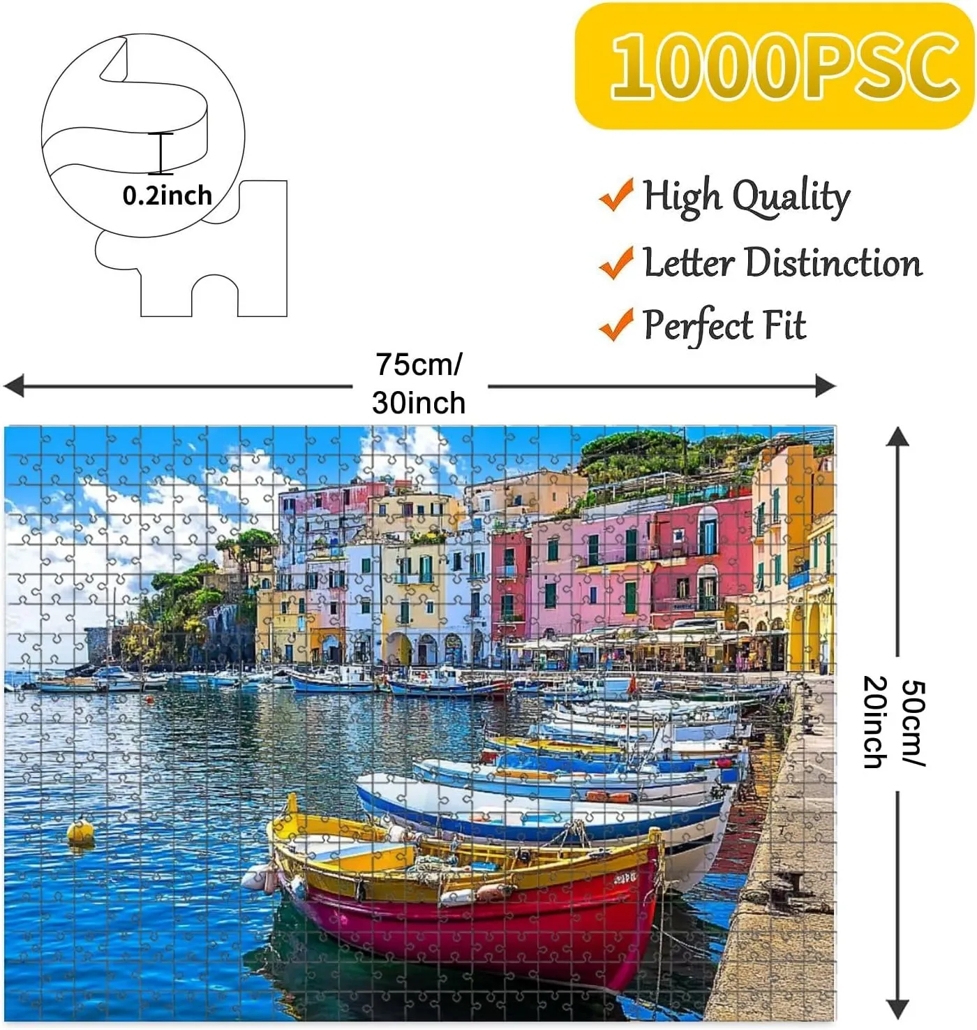 1000 Piece Jigsaw Puzzle Game, Colorful Vivid Beautiful Procida Island Italy Large Puzzle Artwork for Adults Teens Challenging Puzzle Game Nights Toy Gift