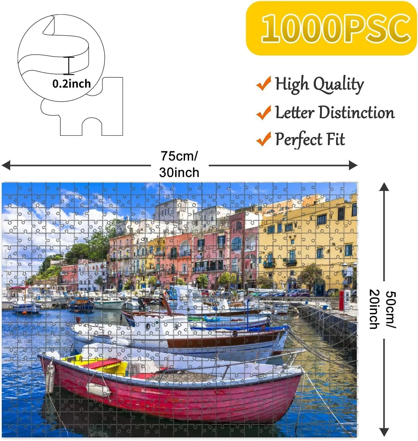 1000 Piece Jigsaw Puzzle Game, Colorful Vivid Beautiful Procida Island Italy Large Puzzle Artwork for Adults Teens Challenging Puzzle Game Nights Toy Gift