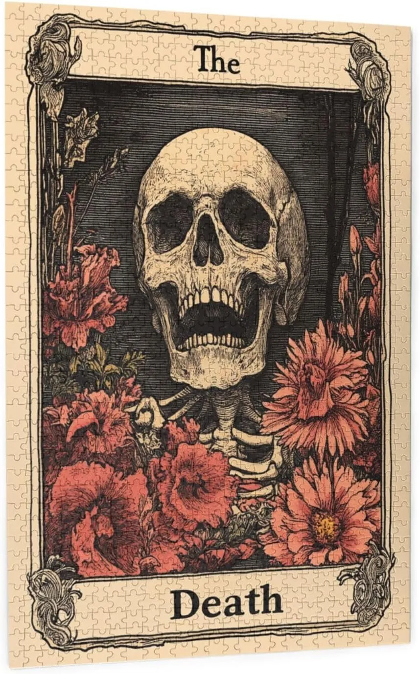 1000 Piece Wooden Puzzle for Adults,Skeletal Tarot Card with Intricate Death Symbolism,Gothic Divination Artwork,Brain Training Challenge,Stress Relief Activity,Eco-Friendly Pieces