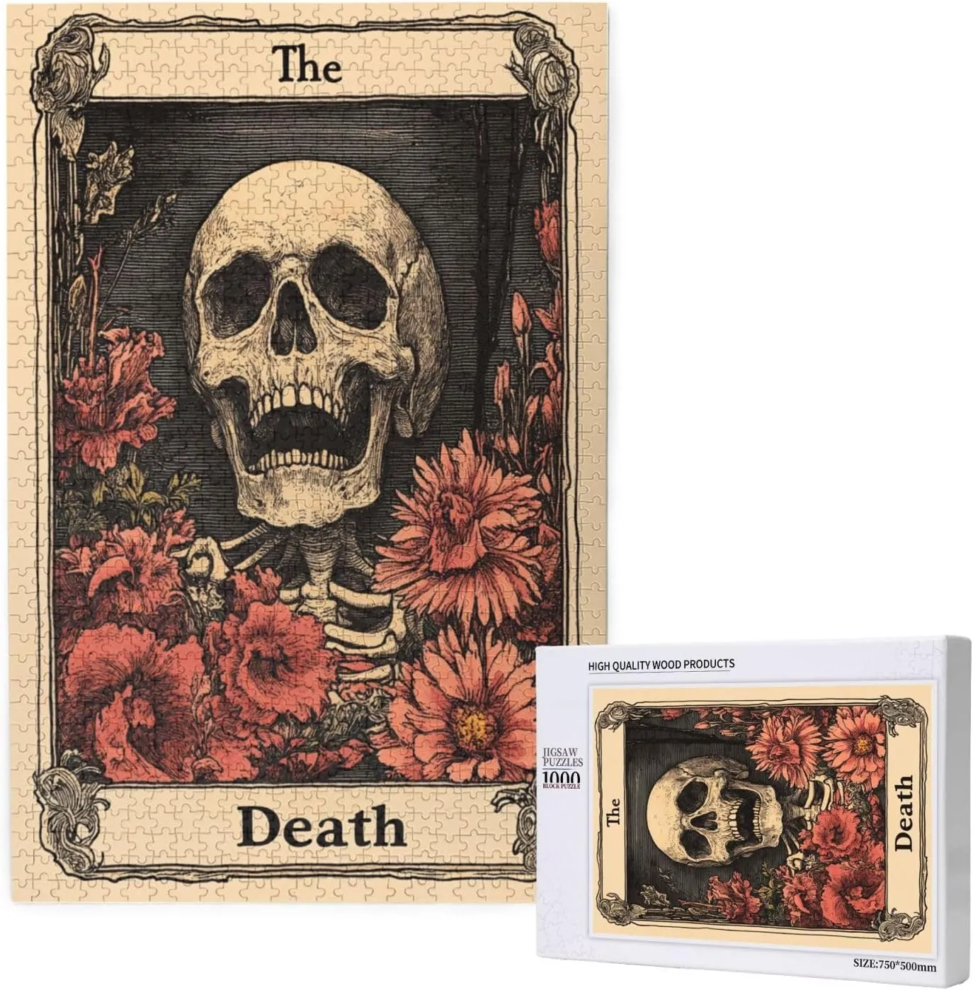 1000 Piece Wooden Puzzle for Adults,Skeletal Tarot Card with Intricate Death Symbolism,Gothic Divination Artwork,Brain Training Challenge,Stress Relief Activity,Eco-Friendly Pieces