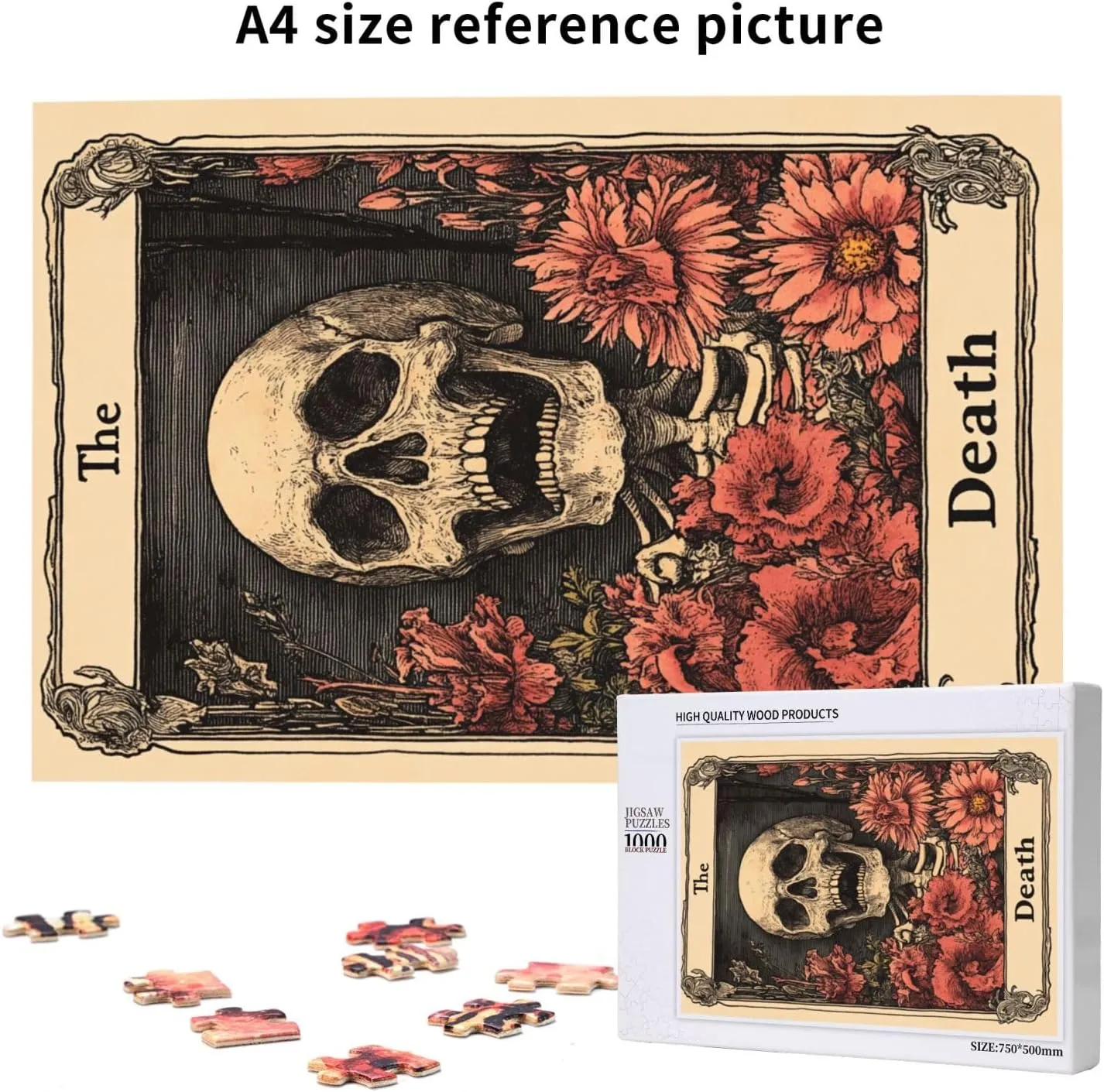 1000 Piece Wooden Puzzle for Adults,Skeletal Tarot Card with Intricate Death Symbolism,Gothic Divination Artwork,Brain Training Challenge,Stress Relief Activity,Eco-Friendly Pieces