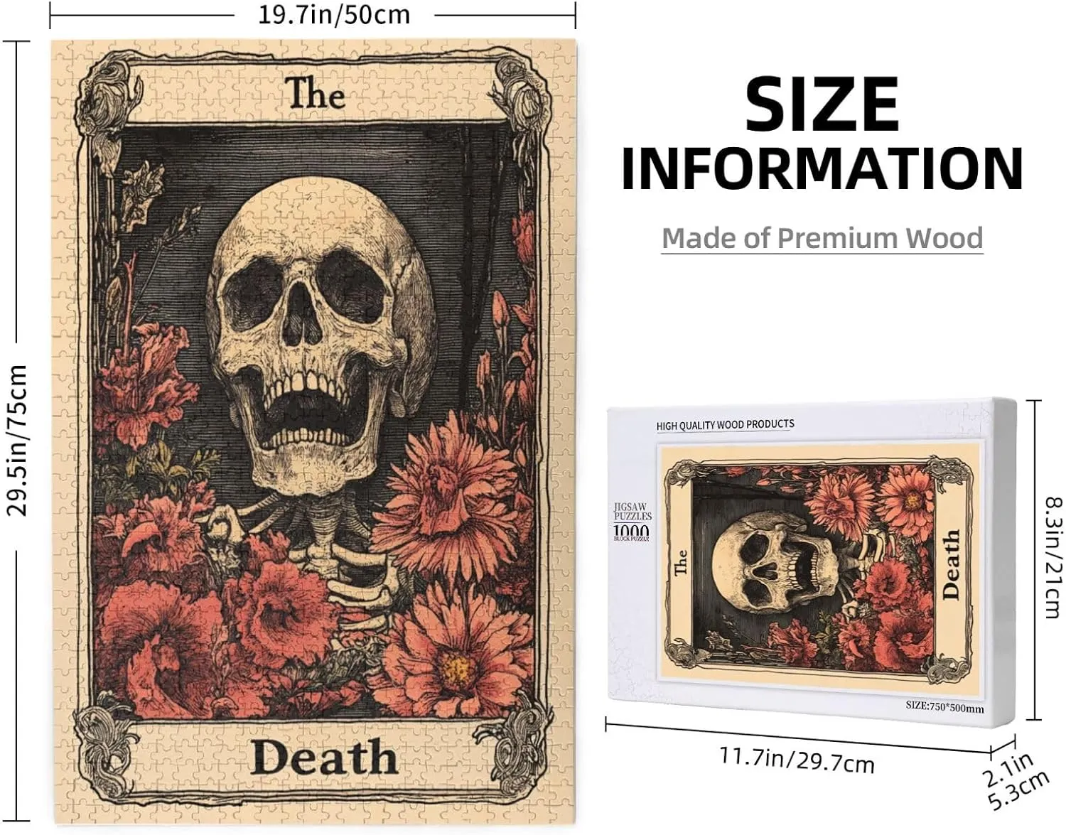 1000 Piece Wooden Puzzle for Adults,Skeletal Tarot Card with Intricate Death Symbolism,Gothic Divination Artwork,Brain Training Challenge,Stress Relief Activity,Eco-Friendly Pieces