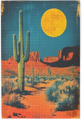 1000 Pcs Wooden Jigsaw Puzzle for Adults,Vintage-Style Desert Landscape with Towering Saguaros,Stress Relief Activity,Retro Southwest Artwork,Brain Training Challenge,Eco-Friendly Piece