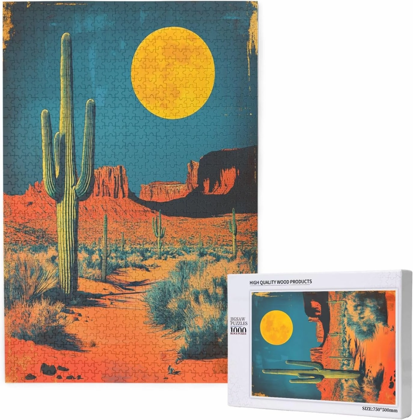 1000 Pcs Wooden Jigsaw Puzzle for Adults,Vintage-Style Desert Landscape with Towering Saguaros,Stress Relief Activity,Retro Southwest Artwork,Brain Training Challenge,Eco-Friendly Piece