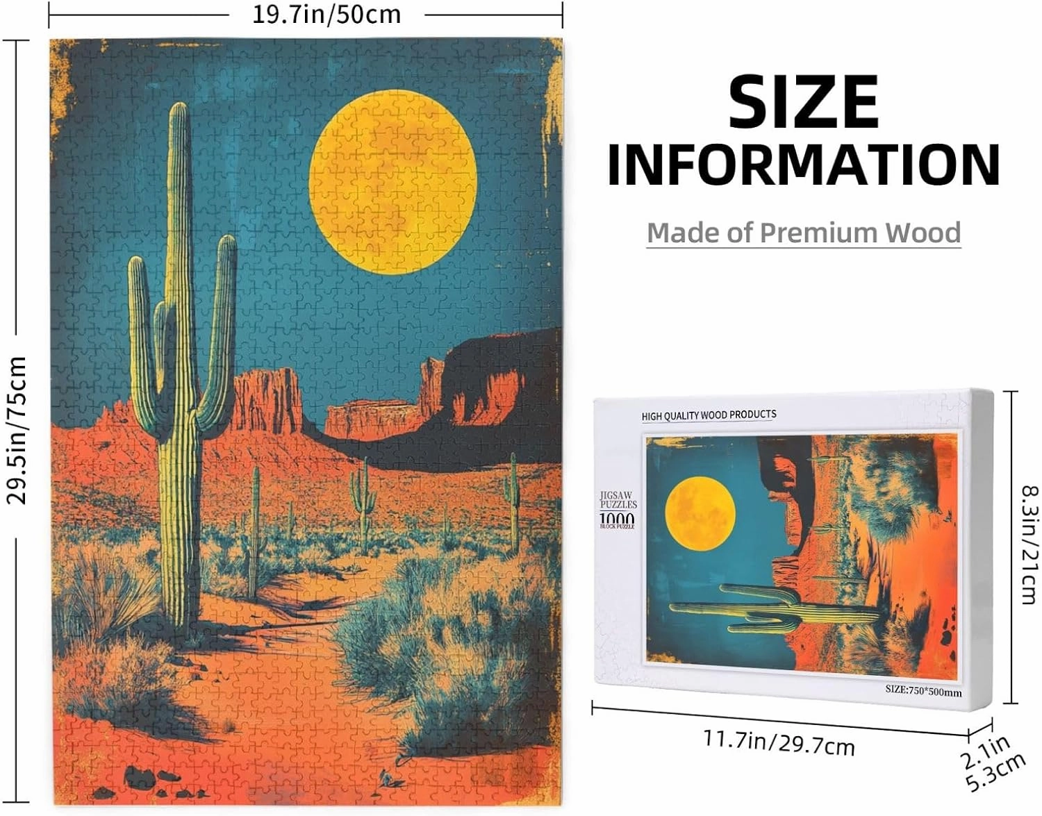 1000 Pcs Wooden Jigsaw Puzzle for Adults,Vintage-Style Desert Landscape with Towering Saguaros,Stress Relief Activity,Retro Southwest Artwork,Brain Training Challenge,Eco-Friendly Piece