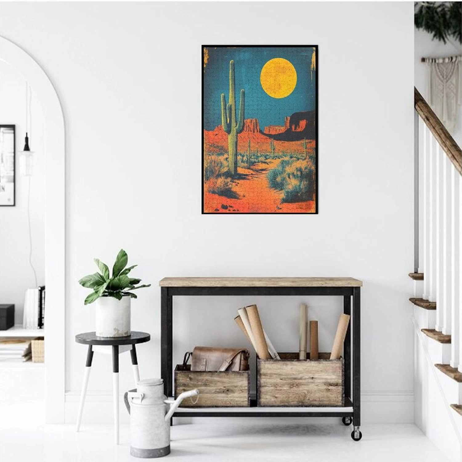 1000 Pcs Wooden Jigsaw Puzzle for Adults,Vintage-Style Desert Landscape with Towering Saguaros,Stress Relief Activity,Retro Southwest Artwork,Brain Training Challenge,Eco-Friendly Piece