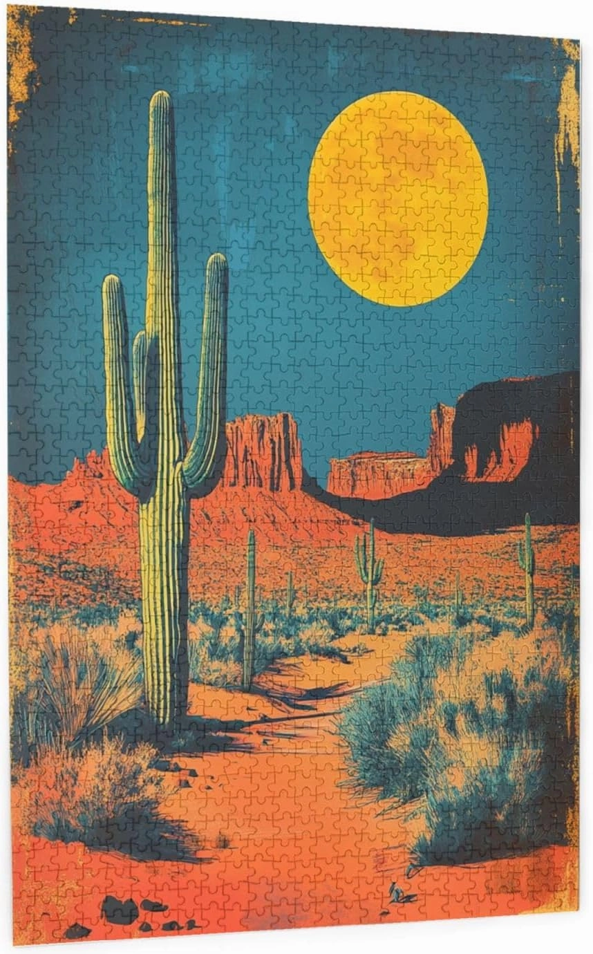 1000 Pcs Wooden Jigsaw Puzzle for Adults,Vintage-Style Desert Landscape with Towering Saguaros,Stress Relief Activity,Retro Southwest Artwork,Brain Training Challenge,Eco-Friendly Piece