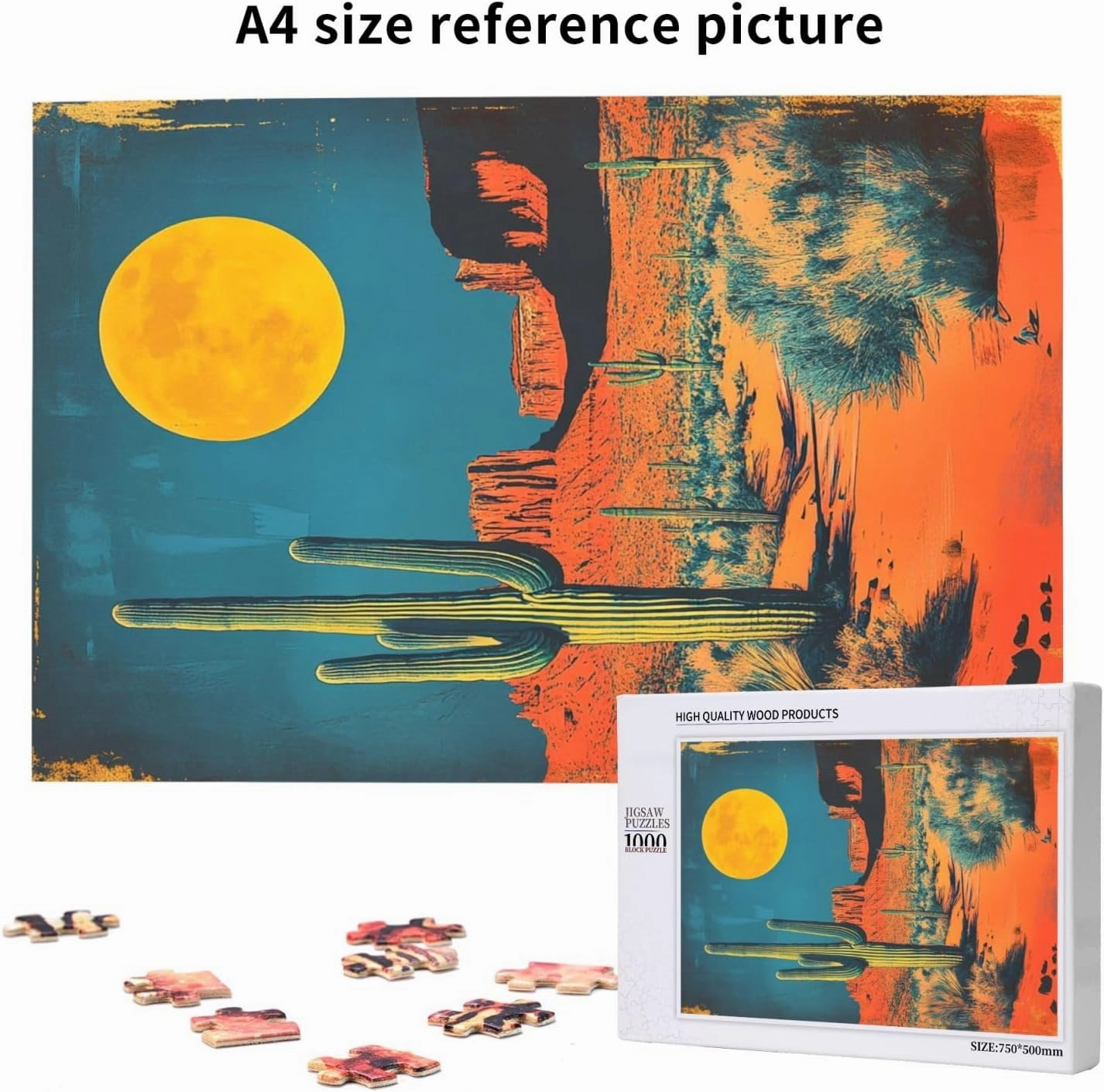 1000 Pcs Wooden Jigsaw Puzzle for Adults,Vintage-Style Desert Landscape with Towering Saguaros,Stress Relief Activity,Retro Southwest Artwork,Brain Training Challenge,Eco-Friendly Piece