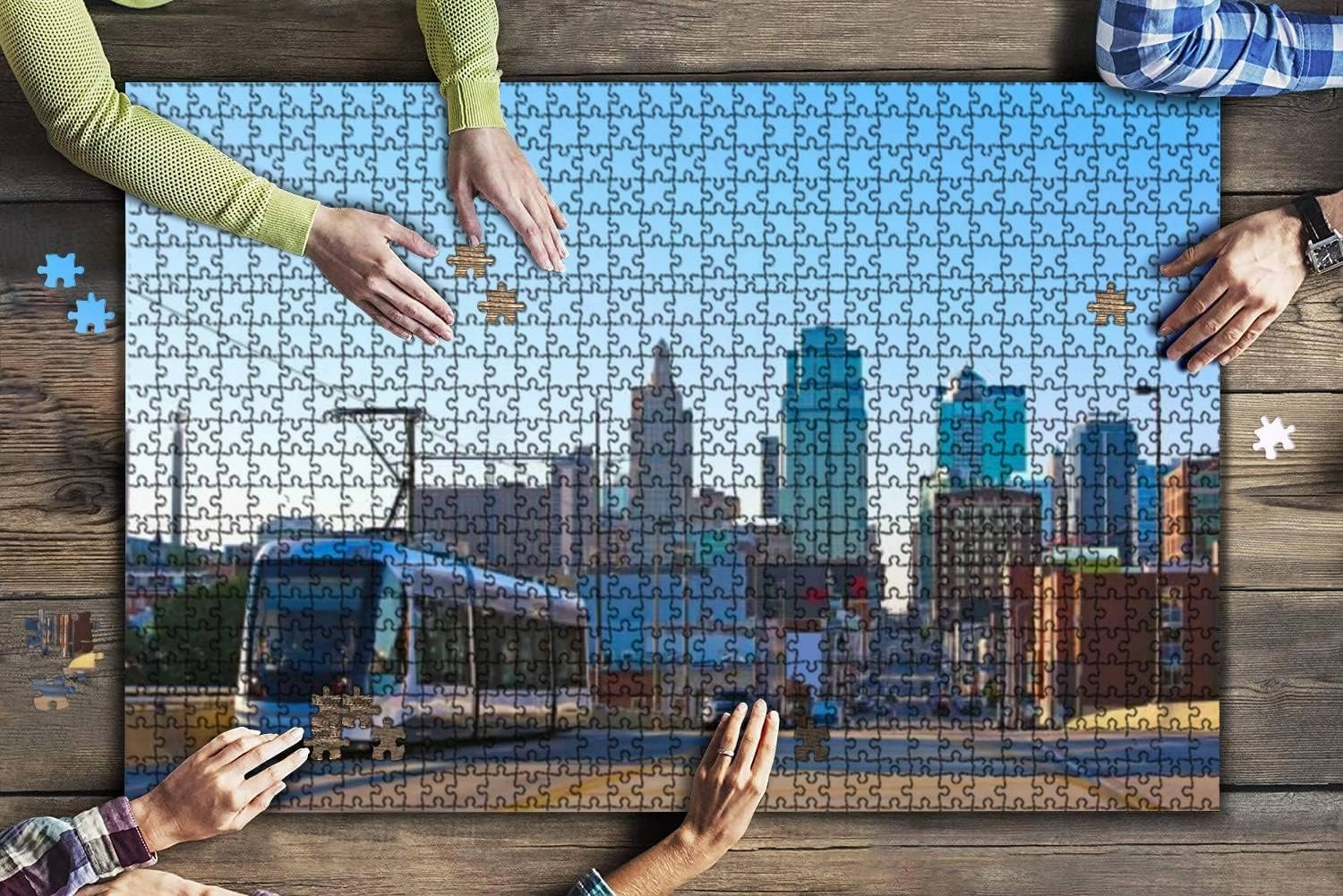 1000 Piece Downtown Kansas City Skyline Streetcar Large Piece Jigsaw Puzzles for Adults Educational Toy for Kids Creative Games Entertainment Wooden Puzzles Home Decor