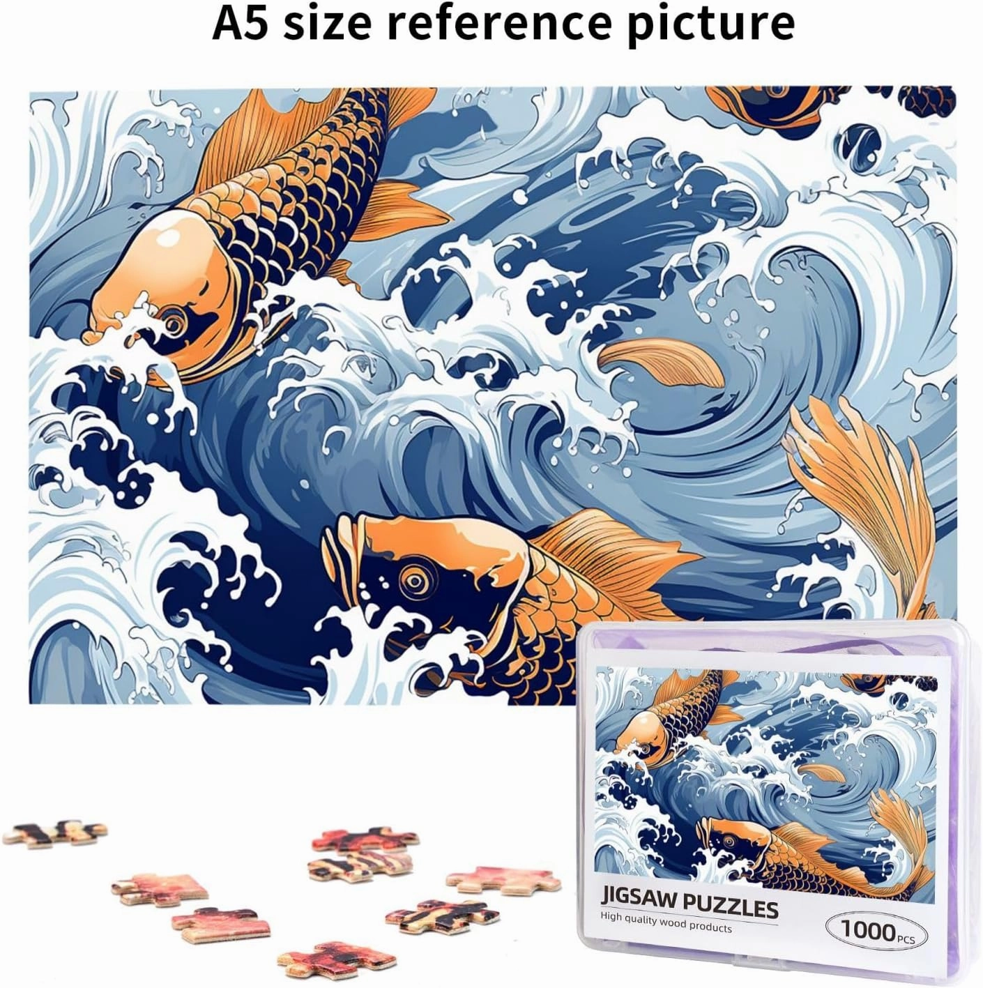 1000 Piece Jigsaw Puzzle for Adults Challenging Puzzle for Game Nights Gifts Personalized Picture Puzzle Ocean Wave Fish Custom Wood Puzzle for Family, Finished Size 29.5"x19.7"