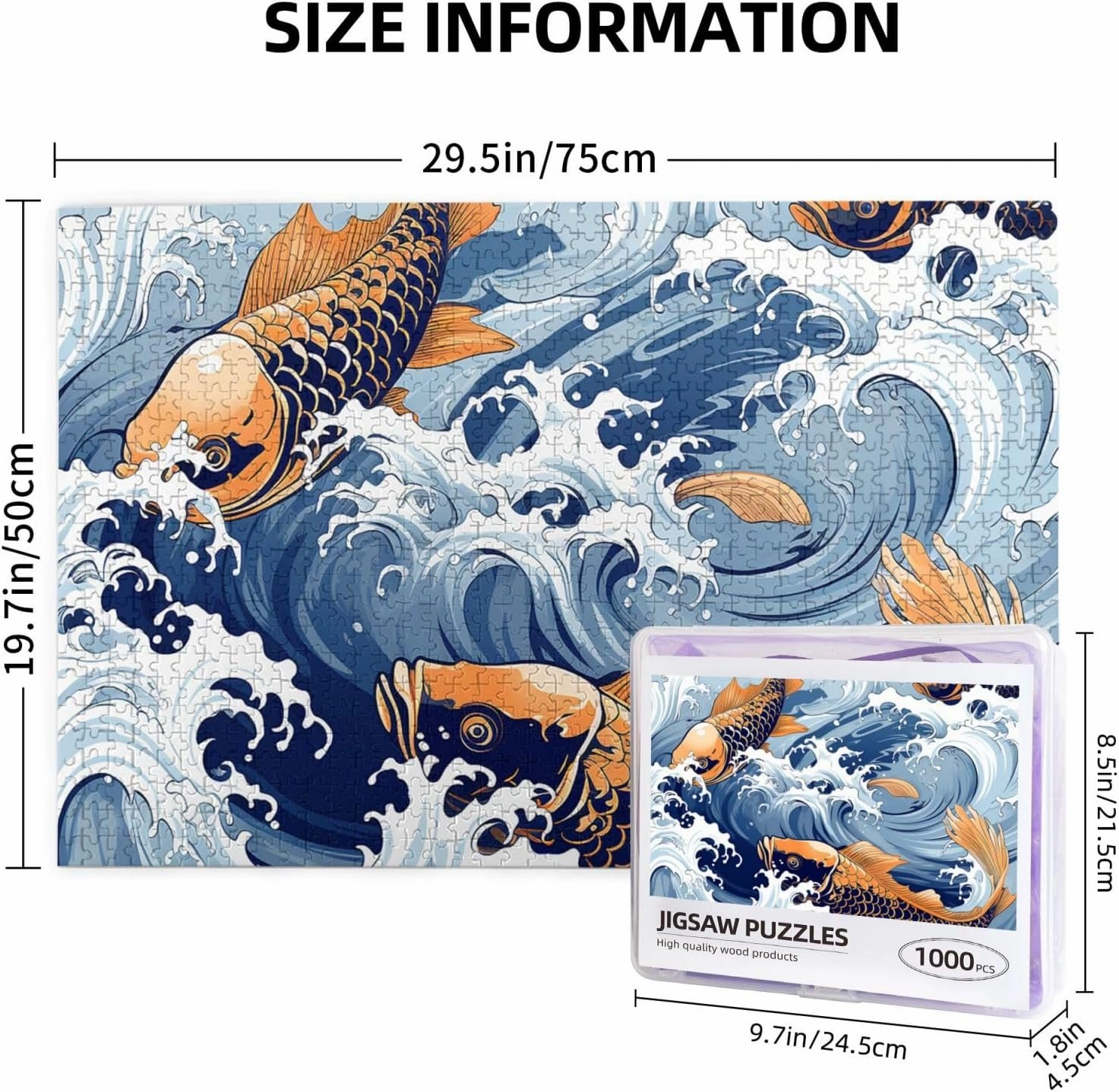 1000 Piece Jigsaw Puzzle for Adults Challenging Puzzle for Game Nights Gifts Personalized Picture Puzzle Ocean Wave Fish Custom Wood Puzzle for Family, Finished Size 29.5"x19.7"