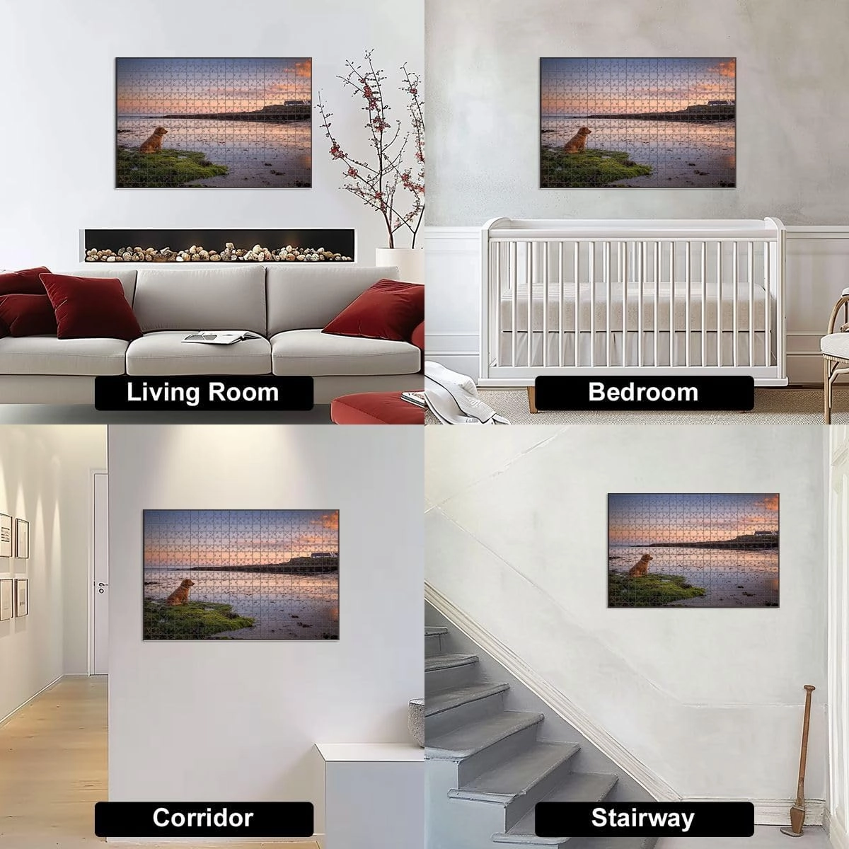 1000 Piece Jigsaw Puzzle Game, Colorful Dog Chasing Fish Calm Waters Off Beach Town Barna Ireland Dusk Large Puzzle Artwork for Adults Teens Challenging Puzzle Game Nights Toy Gift