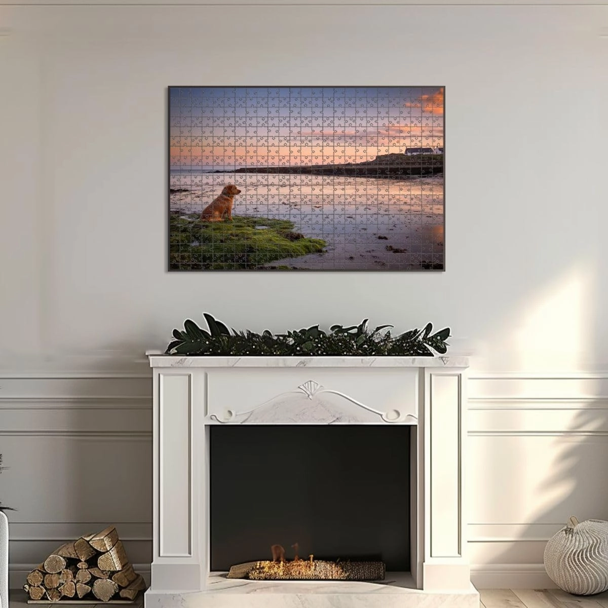 1000 Piece Jigsaw Puzzle Game, Colorful Dog Chasing Fish Calm Waters Off Beach Town Barna Ireland Dusk Large Puzzle Artwork for Adults Teens Challenging Puzzle Game Nights Toy Gift