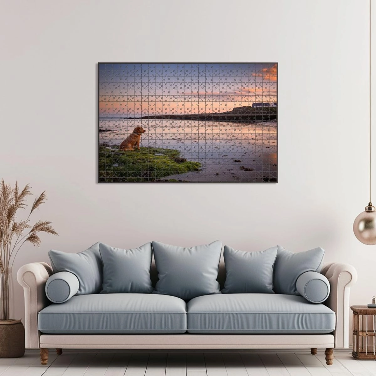 1000 Piece Jigsaw Puzzle Game, Colorful Dog Chasing Fish Calm Waters Off Beach Town Barna Ireland Dusk Large Puzzle Artwork for Adults Teens Challenging Puzzle Game Nights Toy Gift
