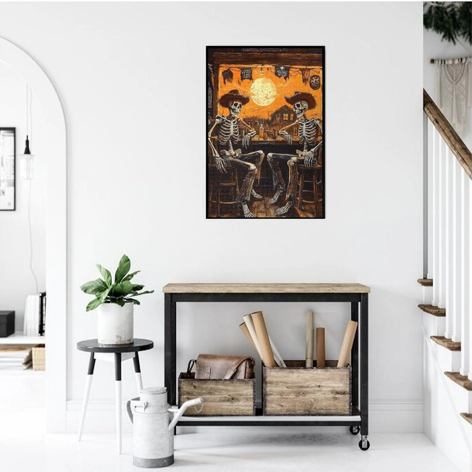 1000 Piece Wooden Puzzle for Adults,Skeletal Partying at Sunset Drinks Table,Brain Training Challenge,Stress Relief Activity,Macabre Desert Happy Hour Artwork,Eco-Friendly Pieces