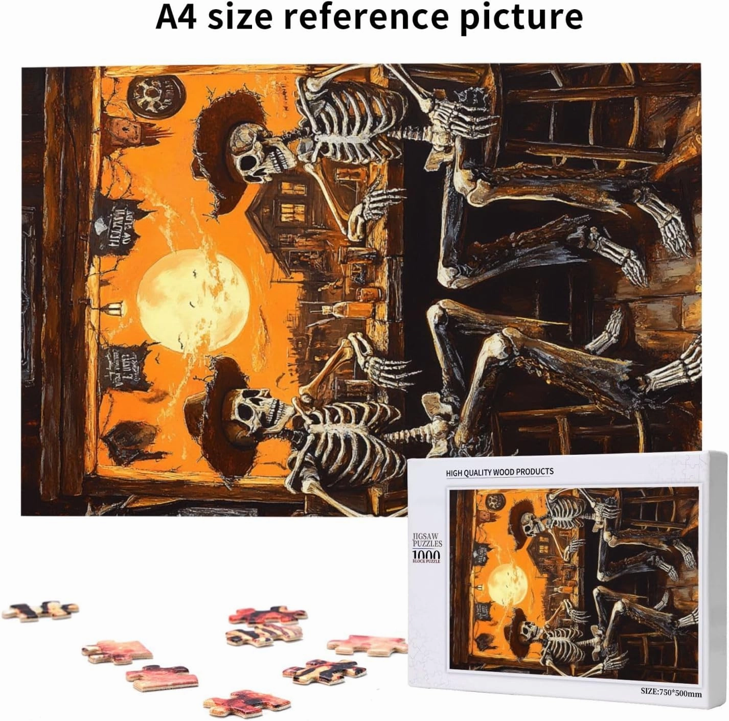 1000 Piece Wooden Puzzle for Adults,Skeletal Partying at Sunset Drinks Table,Brain Training Challenge,Stress Relief Activity,Macabre Desert Happy Hour Artwork,Eco-Friendly Pieces
