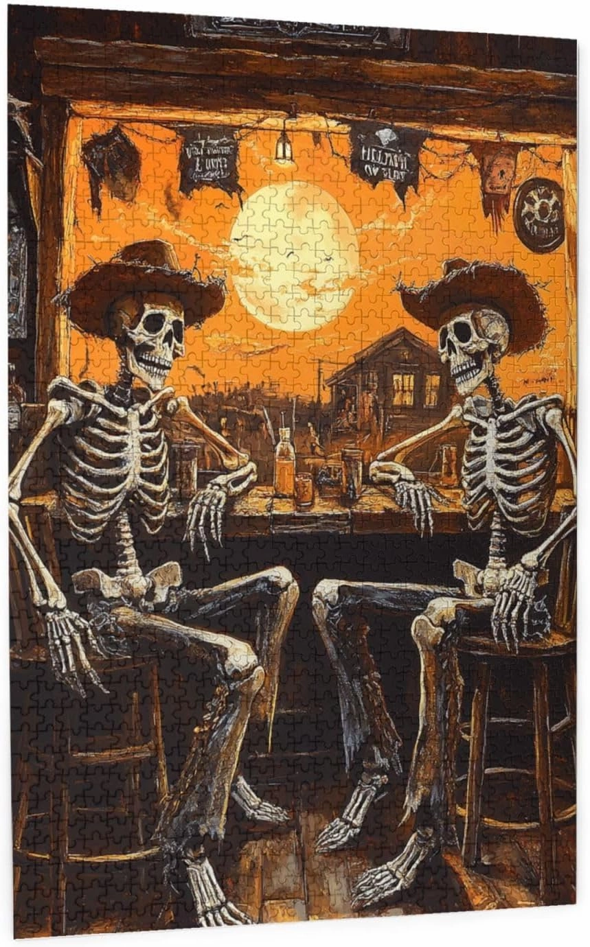 1000 Piece Wooden Puzzle for Adults,Skeletal Partying at Sunset Drinks Table,Brain Training Challenge,Stress Relief Activity,Macabre Desert Happy Hour Artwork,Eco-Friendly Pieces