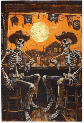 1000 Piece Wooden Puzzle for Adults,Skeletal Partying at Sunset Drinks Table,Brain Training Challenge,Stress Relief Activity,Macabre Desert Happy Hour Artwork,Eco-Friendly Pieces