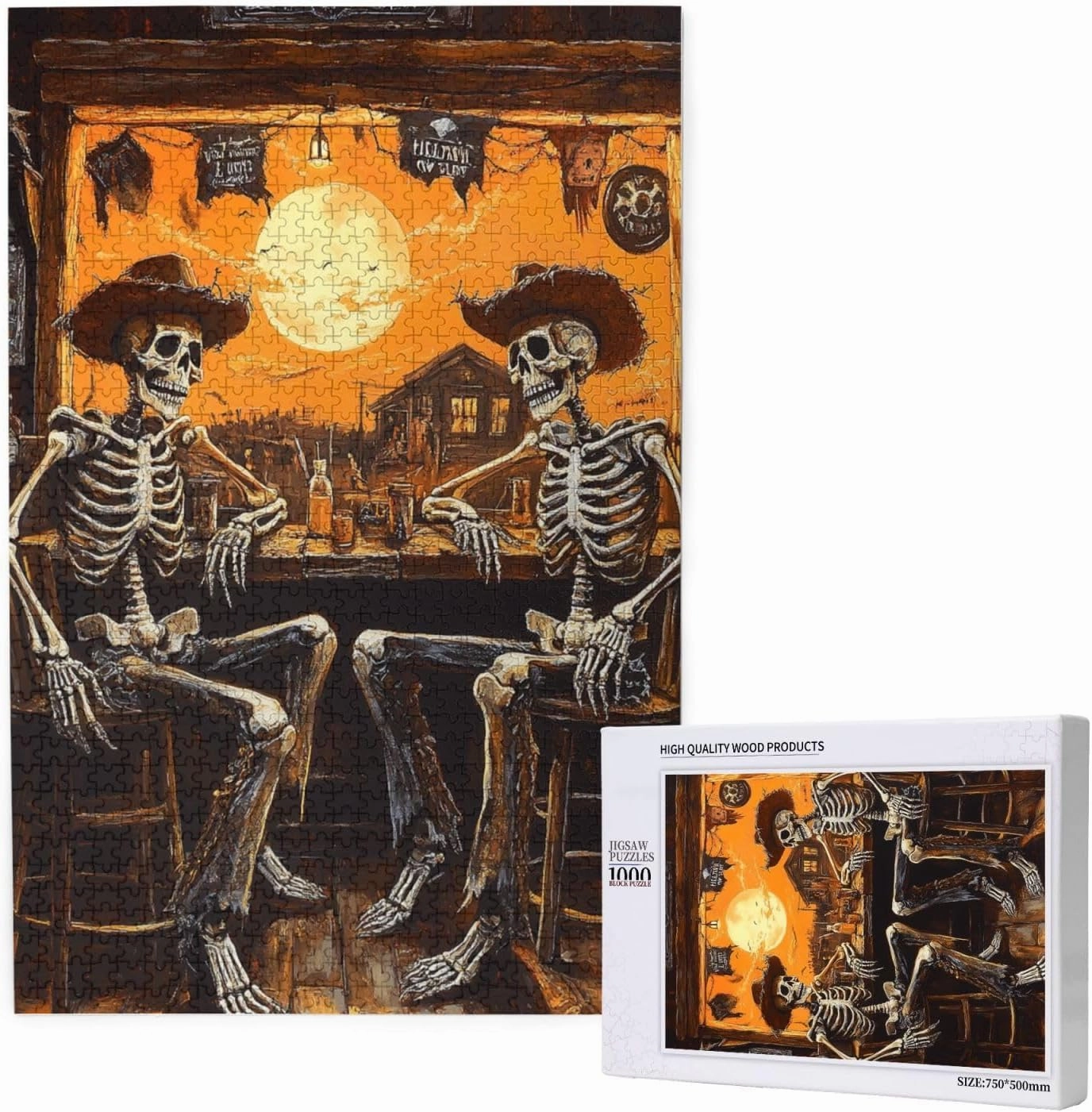 1000 Piece Wooden Puzzle for Adults,Skeletal Partying at Sunset Drinks Table,Brain Training Challenge,Stress Relief Activity,Macabre Desert Happy Hour Artwork,Eco-Friendly Pieces