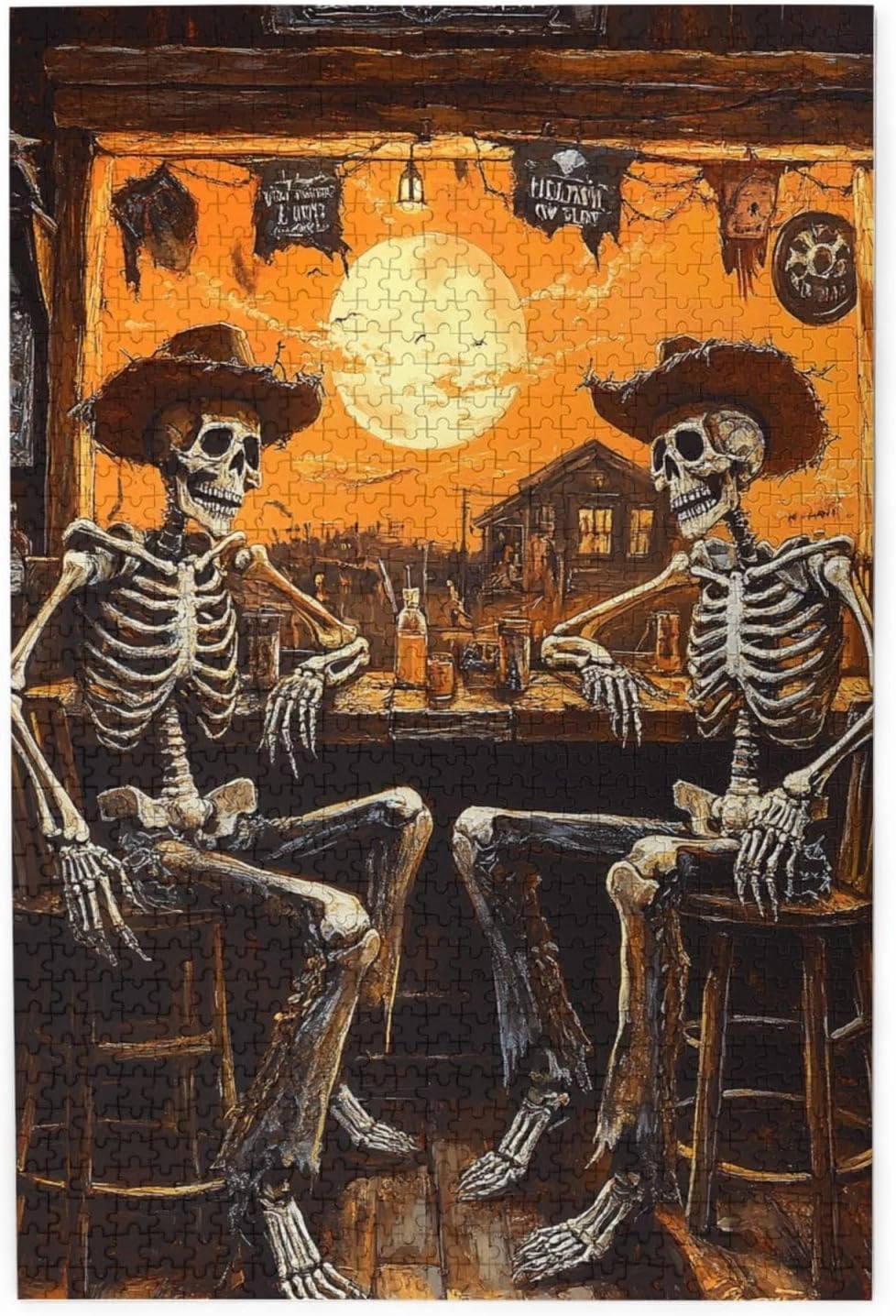 1000 Piece Wooden Puzzle for Adults,Skeletal Partying at Sunset Drinks Table,Brain Training Challenge,Stress Relief Activity,Macabre Desert Happy Hour Artwork,Eco-Friendly Pieces