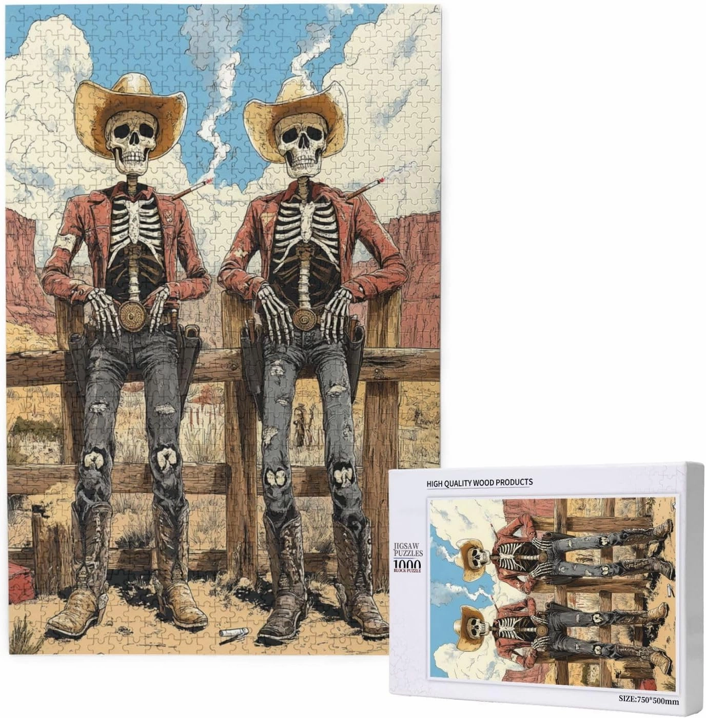 1000 Piece Wooden Puzzle for Adults,Two Skeleton Cowboys in Desert,Unique Artwork for Adult,Brain Training Challenge, Stress Relief Activity,Eco-Friendly Pieces，Gifts for Friends