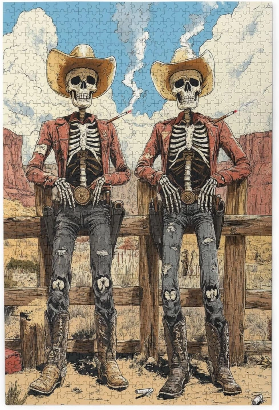 1000 Piece Wooden Puzzle for Adults,Two Skeleton Cowboys in Desert,Unique Artwork for Adult,Brain Training Challenge, Stress Relief Activity,Eco-Friendly Pieces，Gifts for Friends