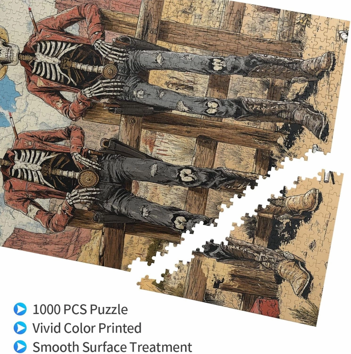 1000 Piece Wooden Puzzle for Adults,Two Skeleton Cowboys in Desert,Unique Artwork for Adult,Brain Training Challenge, Stress Relief Activity,Eco-Friendly Pieces，Gifts for Friends