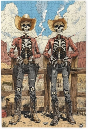 1000 Piece Wooden Puzzle for Adults,Two Skeleton Cowboys in Desert,Unique Artwork for Adult,Brain Training Challenge, Stress Relief Activity,Eco-Friendly Pieces，Gifts for Friends