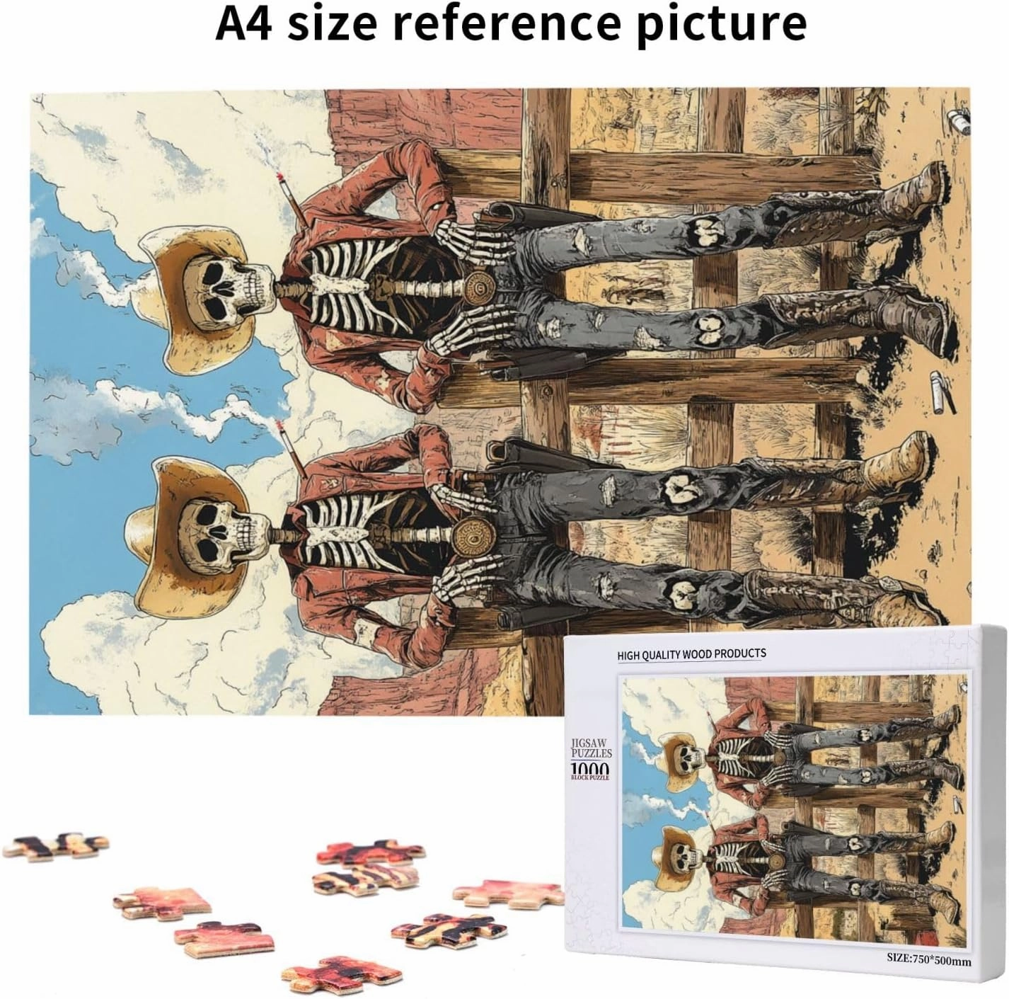 1000 Piece Wooden Puzzle for Adults,Two Skeleton Cowboys in Desert,Unique Artwork for Adult,Brain Training Challenge, Stress Relief Activity,Eco-Friendly Pieces，Gifts for Friends