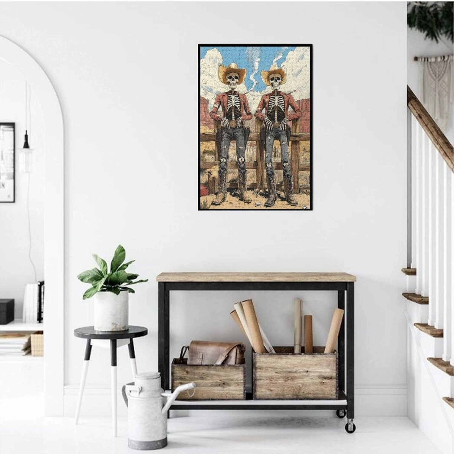 1000 Piece Wooden Puzzle for Adults,Two Skeleton Cowboys in Desert,Unique Artwork for Adult,Brain Training Challenge, Stress Relief Activity,Eco-Friendly Pieces，Gifts for Friends