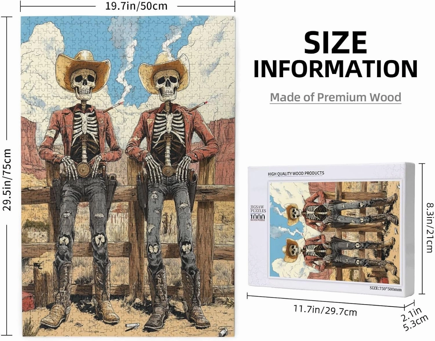 1000 Piece Wooden Puzzle for Adults,Two Skeleton Cowboys in Desert,Unique Artwork for Adult,Brain Training Challenge, Stress Relief Activity,Eco-Friendly Pieces，Gifts for Friends