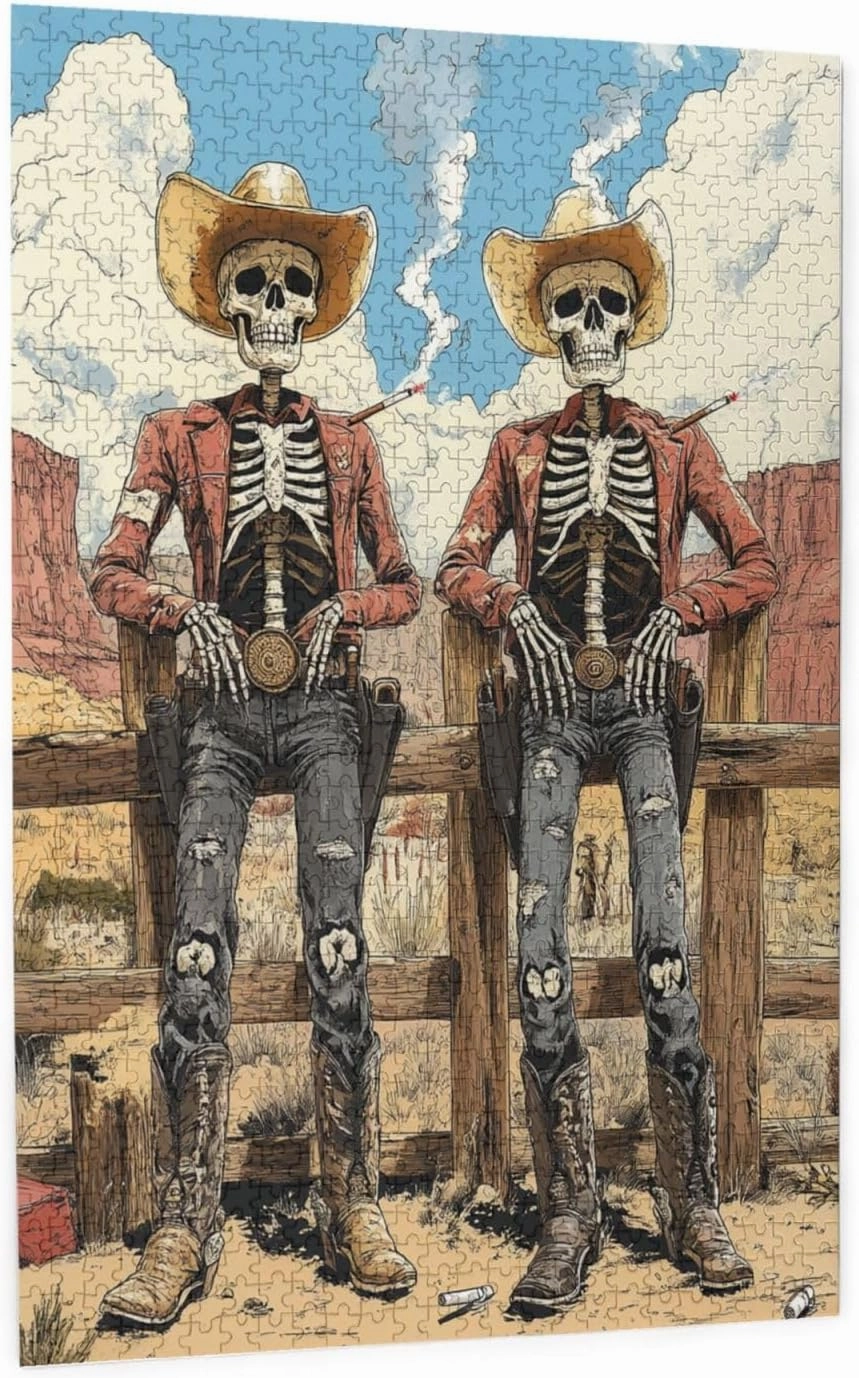 1000 Piece Wooden Puzzle for Adults,Two Skeleton Cowboys in Desert,Unique Artwork for Adult,Brain Training Challenge, Stress Relief Activity,Eco-Friendly Pieces，Gifts for Friends
