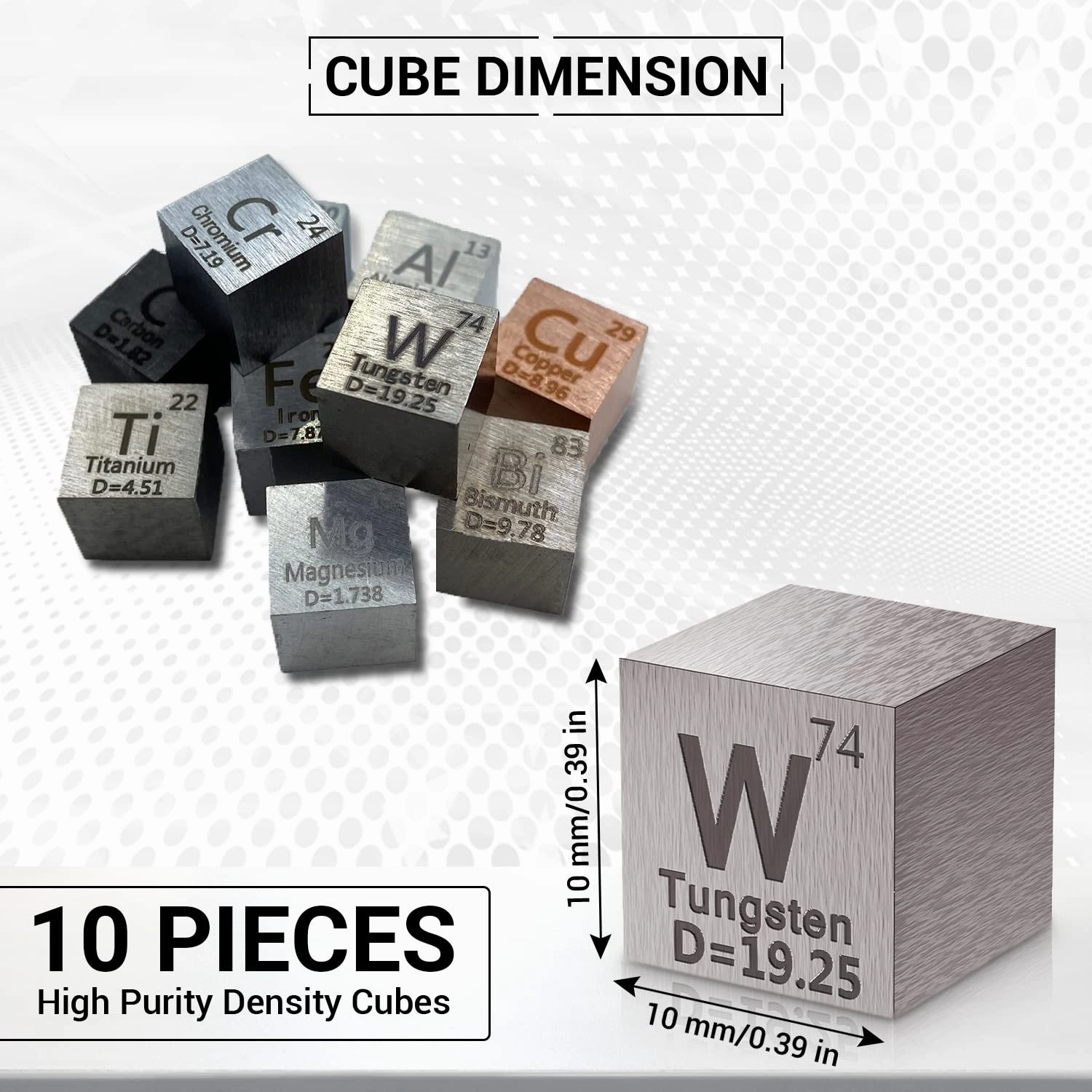 10 Piece Metal Element Cubes - Density Cube Set for a Periodic Table of Elements Collection - Pure Tungsten Cube, Titanium, Bismuth, Aluminum, Iron, Copper, Chromium,   4 More (.39 inch/10 mm)