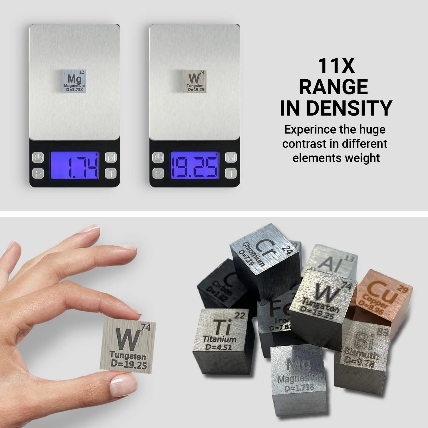 10 Piece Metal Element Cubes - Density Cube Set for a Periodic Table of Elements Collection - Pure Tungsten Cube, Titanium, Bismuth, Aluminum, Iron, Copper, Chromium,   4 More (.39 inch/10 mm)