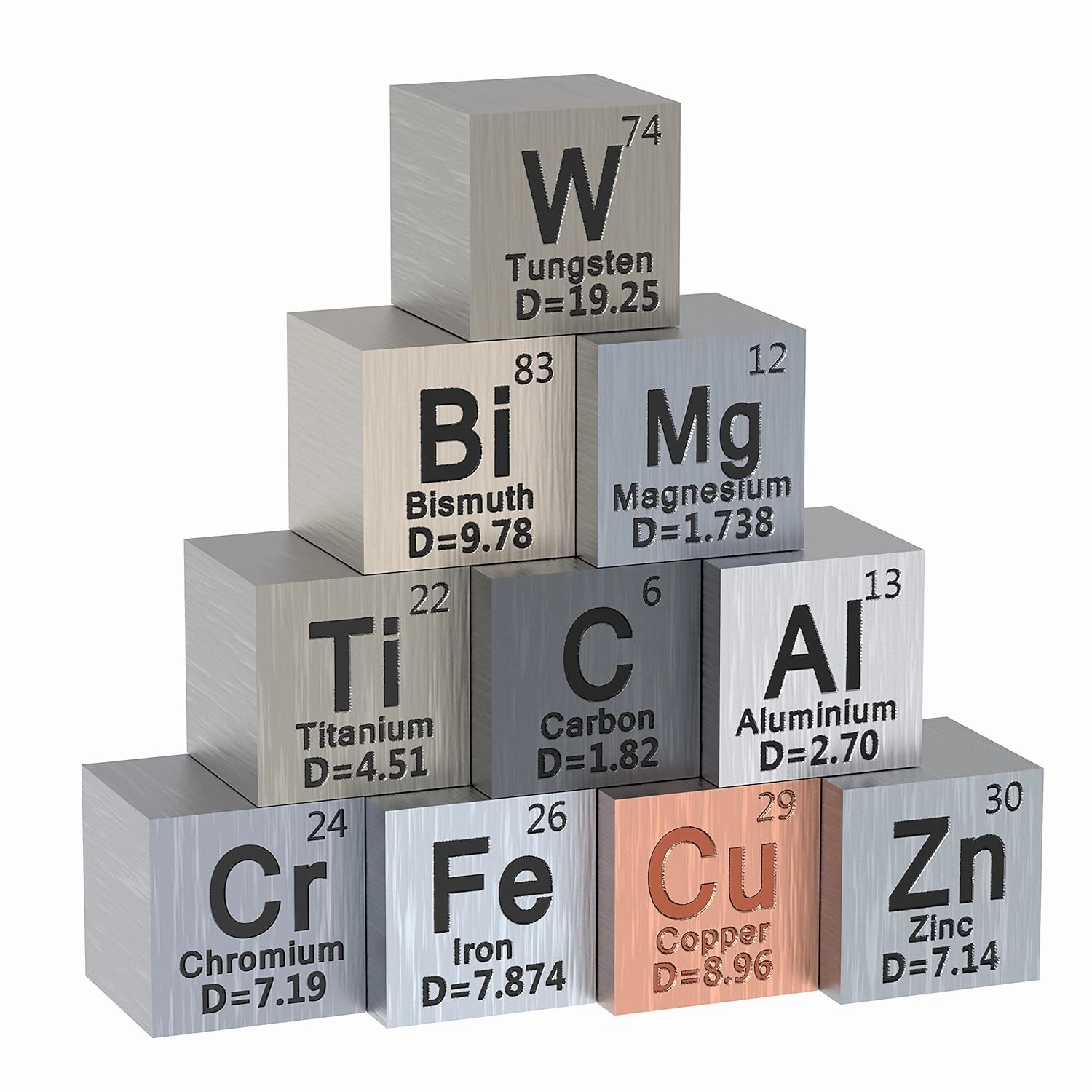 10 Piece Metal Element Cubes - Density Cube Set for a Periodic Table of Elements Collection - Pure Tungsten Cube, Titanium, Bismuth, Aluminum, Iron, Copper, Chromium,   4 More (.39 inch/10 mm)