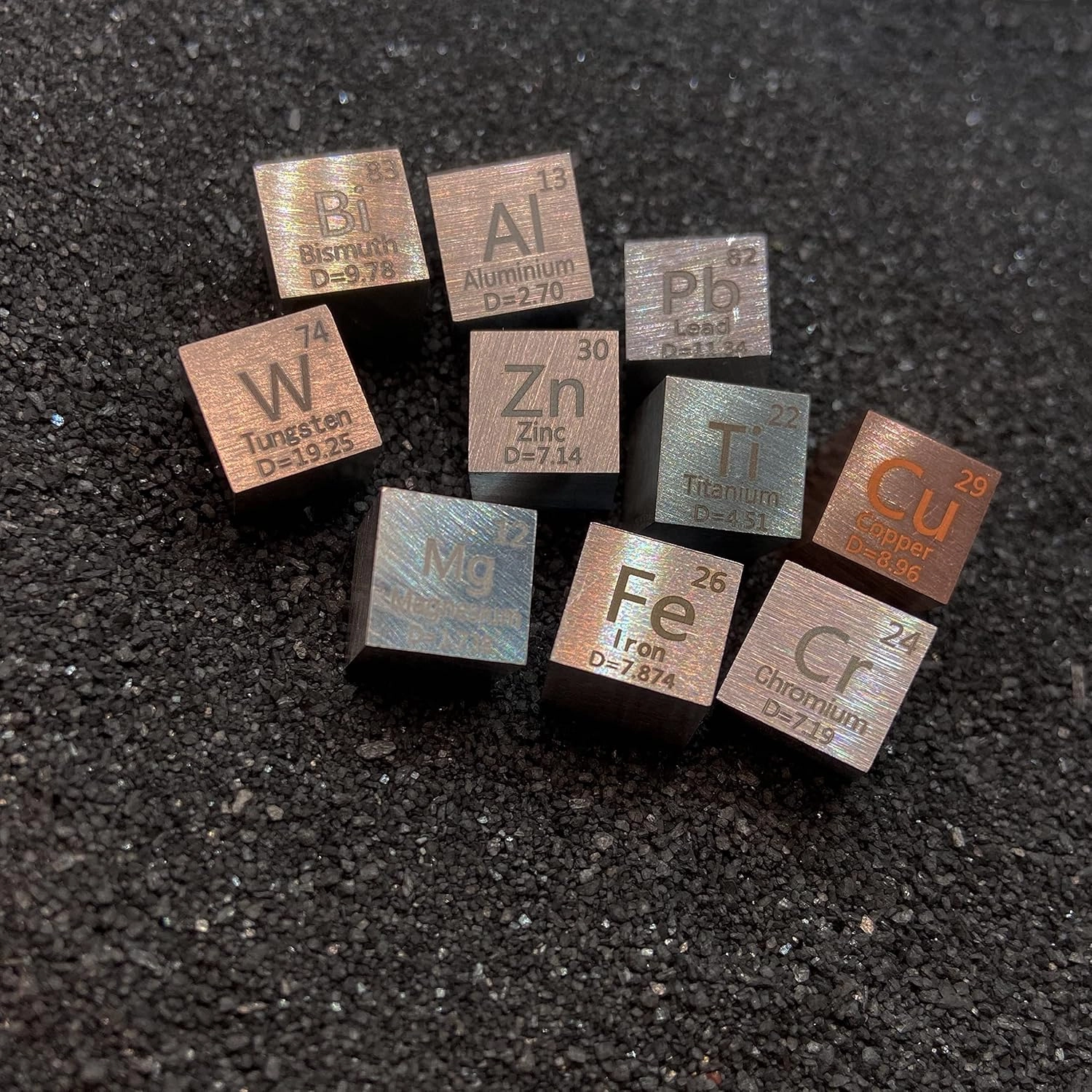 10 Piece Metal Element Cubes - Density Cube Set for a Periodic Table of Elements Collection - Pure Tungsten Cube, Titanium, Bismuth, Aluminum, Iron, Copper, Chromium,   4 More (.39 inch/10 mm)