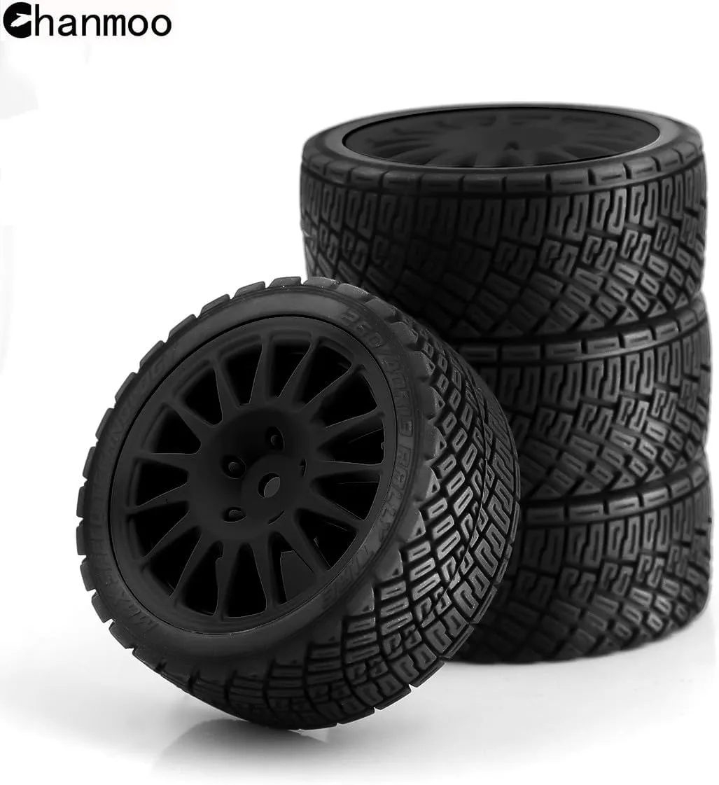 1/10 RC Rally Car Tires 12mm Hex Plastic Wheels Rims & On Road Tyres for 1/10 Scale RC Rally Racing Car Tamiya XV01 XV02 TA06 TT01 TT02 PTG2 144001 A959 HPI KYOSHO RC On-Road Car 4PCS (Black)