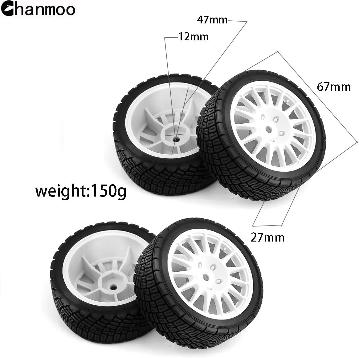 1/10 RC Rally Car Tires 12mm Hex Plastic Wheels Rims & On Road Tyres for 1/10 Scale RC Rally Racing Car Tamiya XV01 XV02 TA06 TT01 TT02 PTG2 144001 A959 HPI KYOSHO RC On-Road Car 4PCS (White)