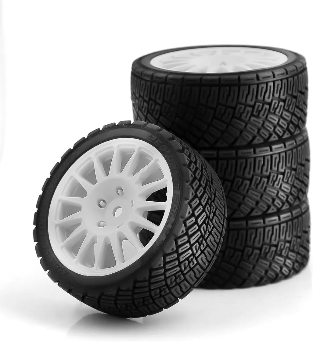 1/10 RC Rally Car Tires 12mm Hex Plastic Wheels Rims & On Road Tyres for 1/10 Scale RC Rally Racing Car Tamiya XV01 XV02 TA06 TT01 TT02 PTG2 144001 A959 HPI KYOSHO RC On-Road Car 4PCS (White)