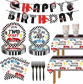 117 Pcs Race Car 2nd Birthday Party Decorations, Two Fast Checkered Flag Party Plates Napkins Cups Banner Race Car Tablecloths for Boys Racing Theme 2nd Party Supplies Decorations