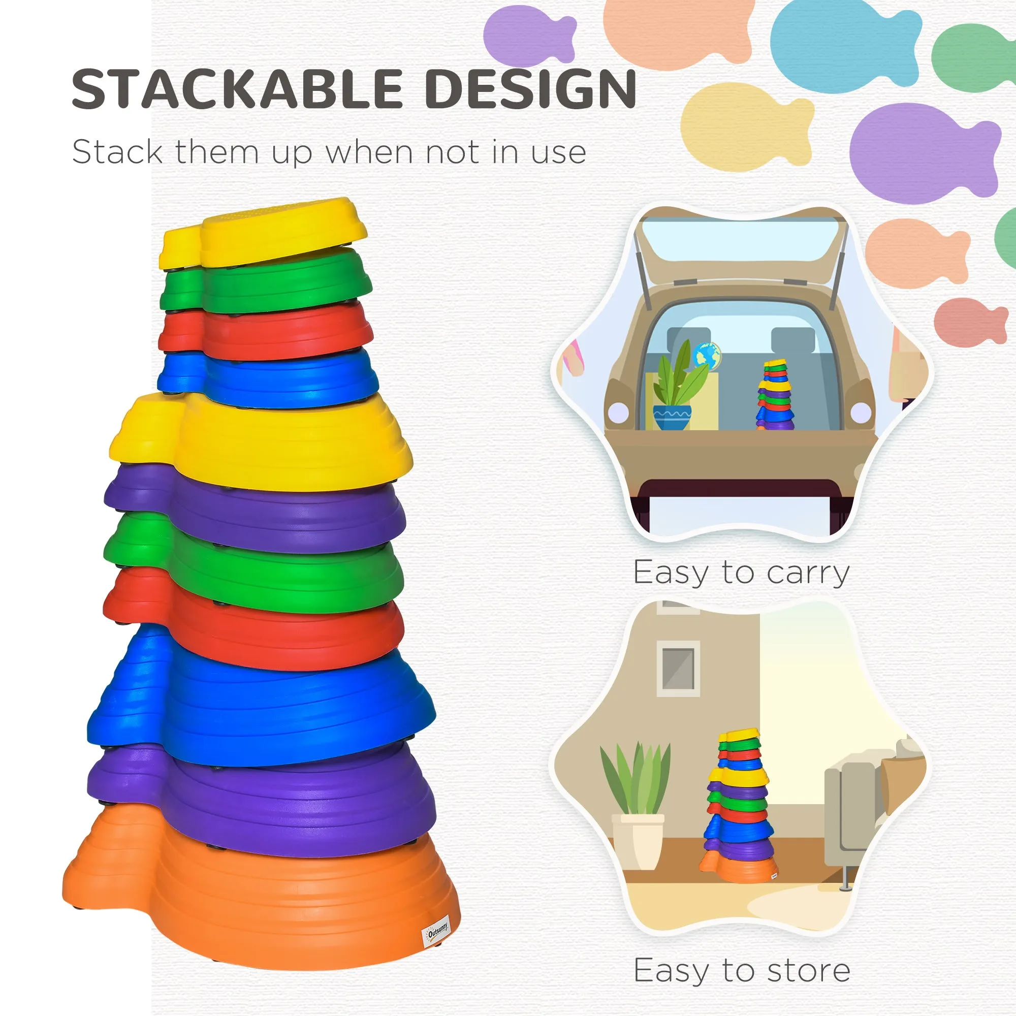 11pcs Kids Balance Stepping Stones, Fish Style - Non-slip, Stackable Obstacle Course for Toddler Balance