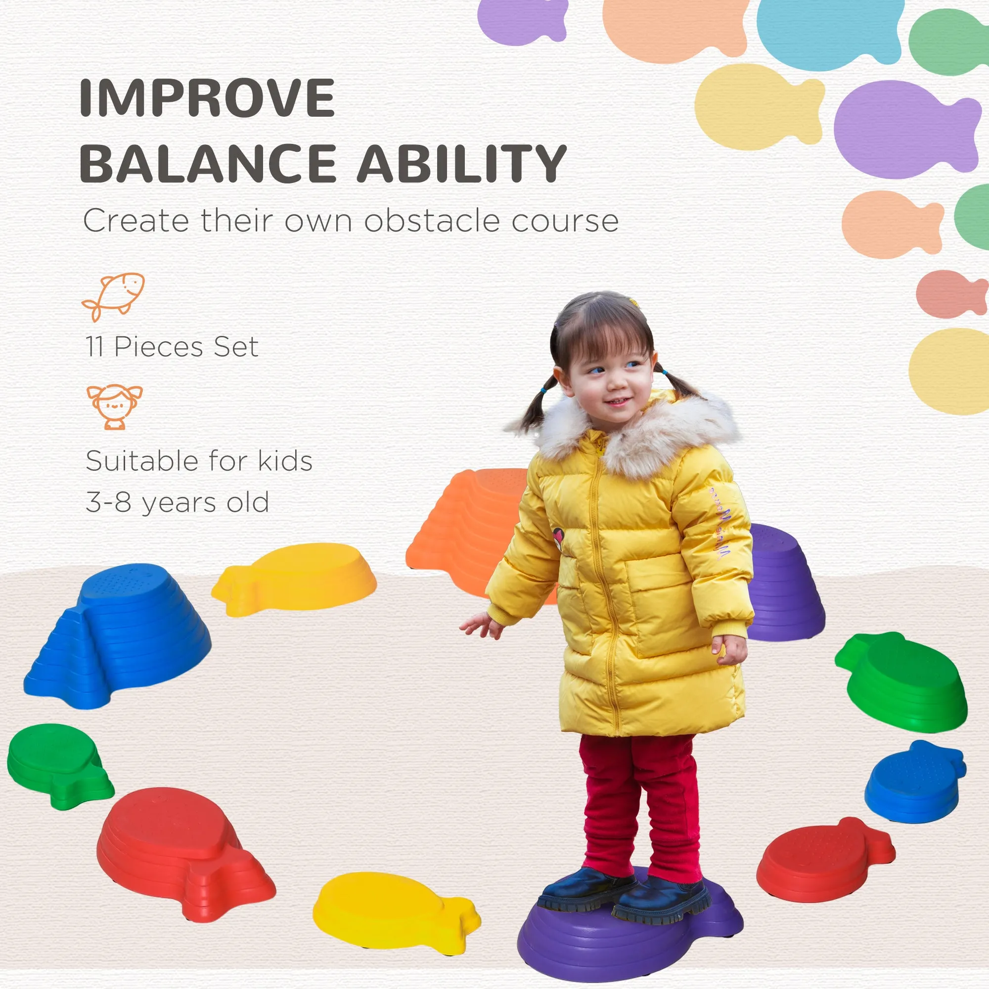 11pcs Kids Balance Stepping Stones, Fish Style - Non-slip, Stackable Obstacle Course for Toddler Balance