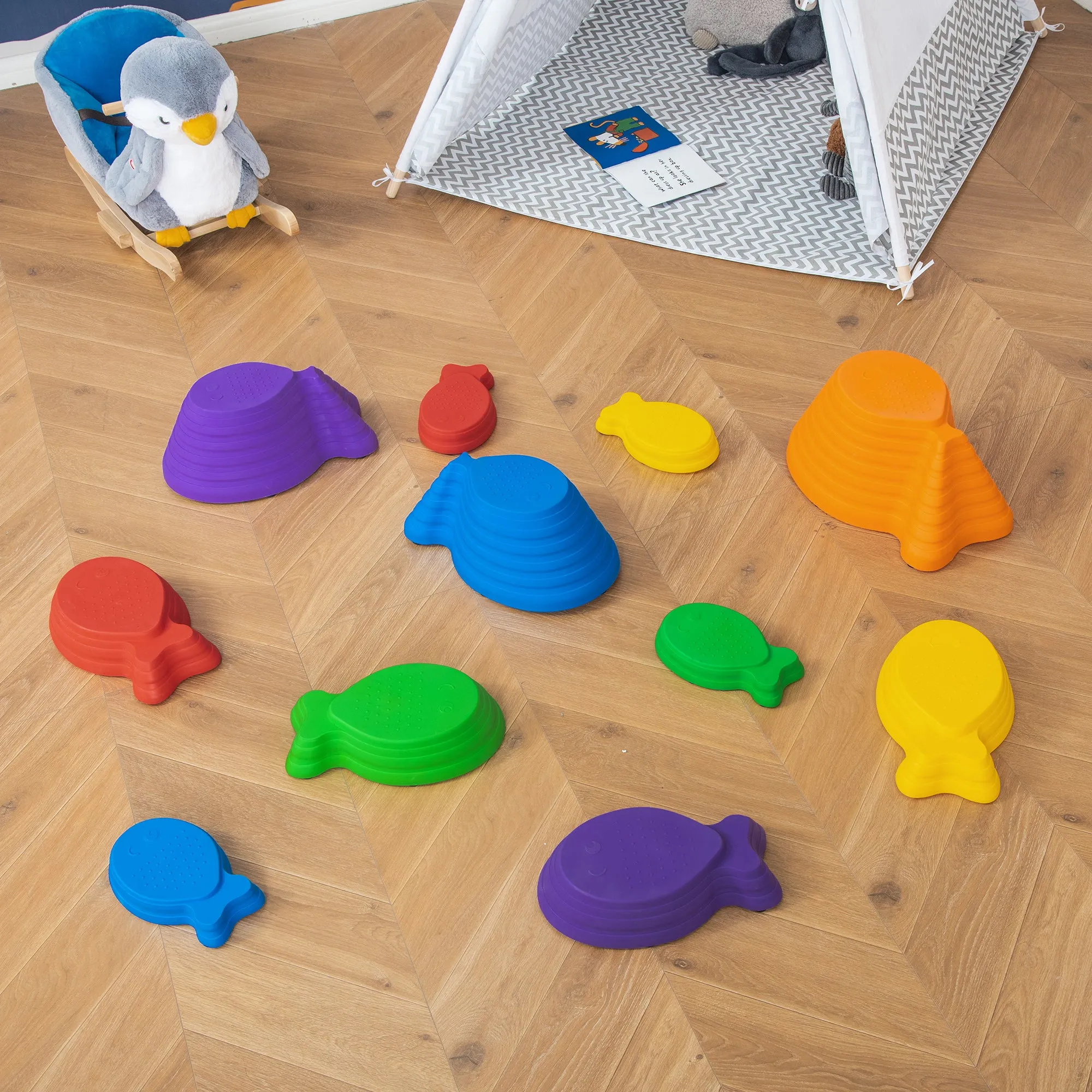 11pcs Kids Balance Stepping Stones, Fish Style - Non-slip, Stackable Obstacle Course for Toddler Balance