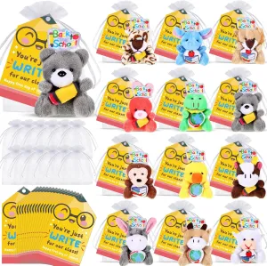 12 Set Back to School Gifts Mini Stuffed Animals Plush with Happy First Day of School Cards and Bags Small Plush Animals Toys Keychain for Students Exchange Prize Party Favors