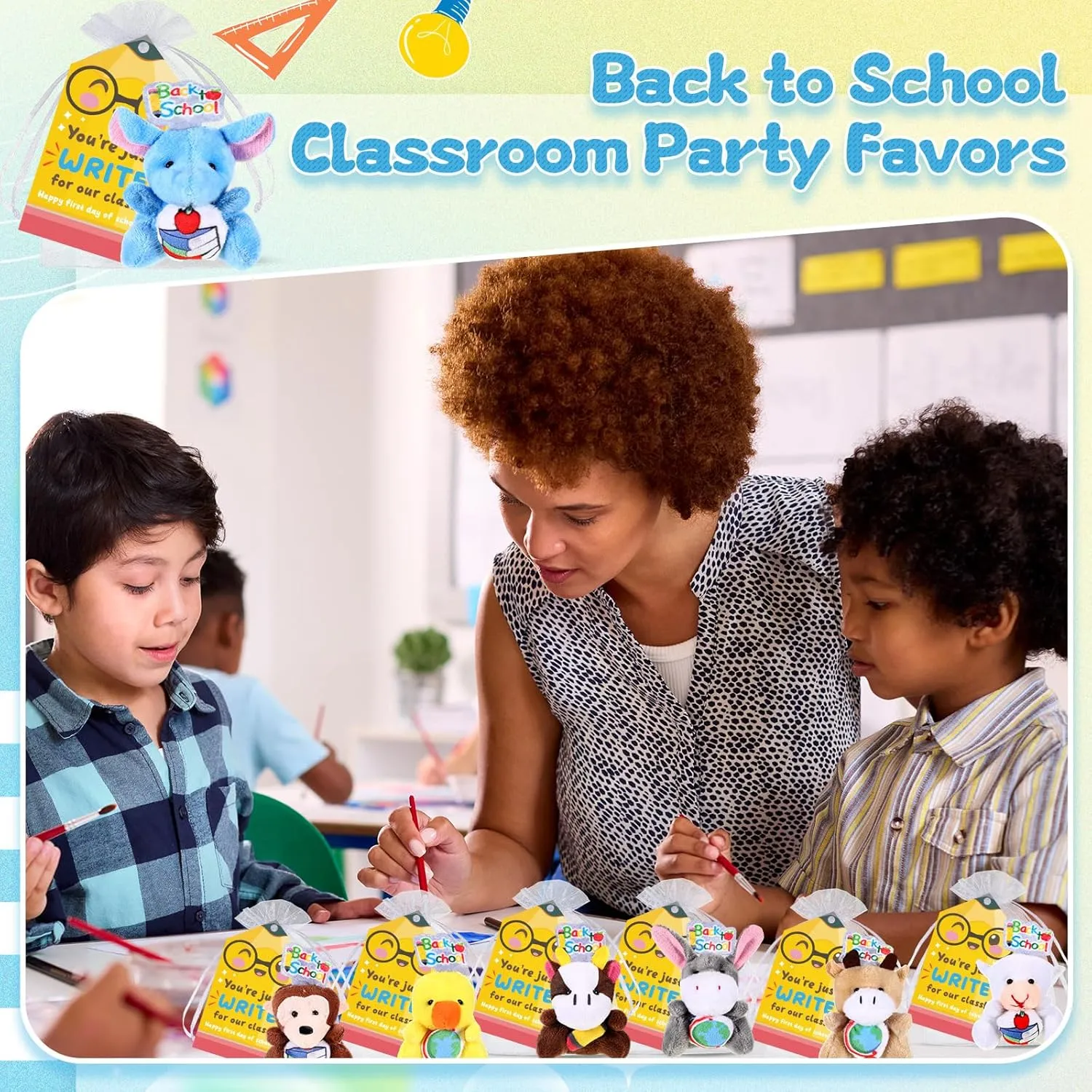 12 Set Back to School Gifts Mini Stuffed Animals Plush with Happy First Day of School Cards and Bags Small Plush Animals Toys Keychain for Students Exchange Prize Party Favors