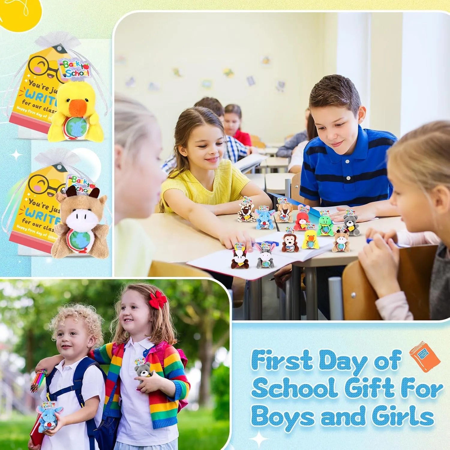 12 Set Back to School Gifts Mini Stuffed Animals Plush with Happy First Day of School Cards and Bags Small Plush Animals Toys Keychain for Students Exchange Prize Party Favors